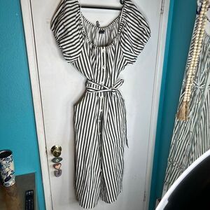 City chic striped button down puffy sleeves midi length linen blend  pockets